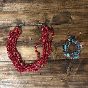 Western Red Stone Necklace & Brown/Blue Bracelet